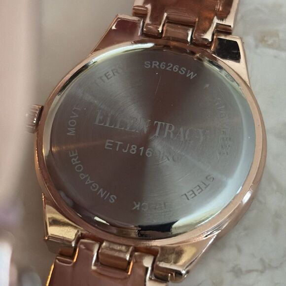 Ellen Tracy Rose Gold Tone Crystal Accent Link Bracelet Band Watch 7.5” - Picture 8 of 11